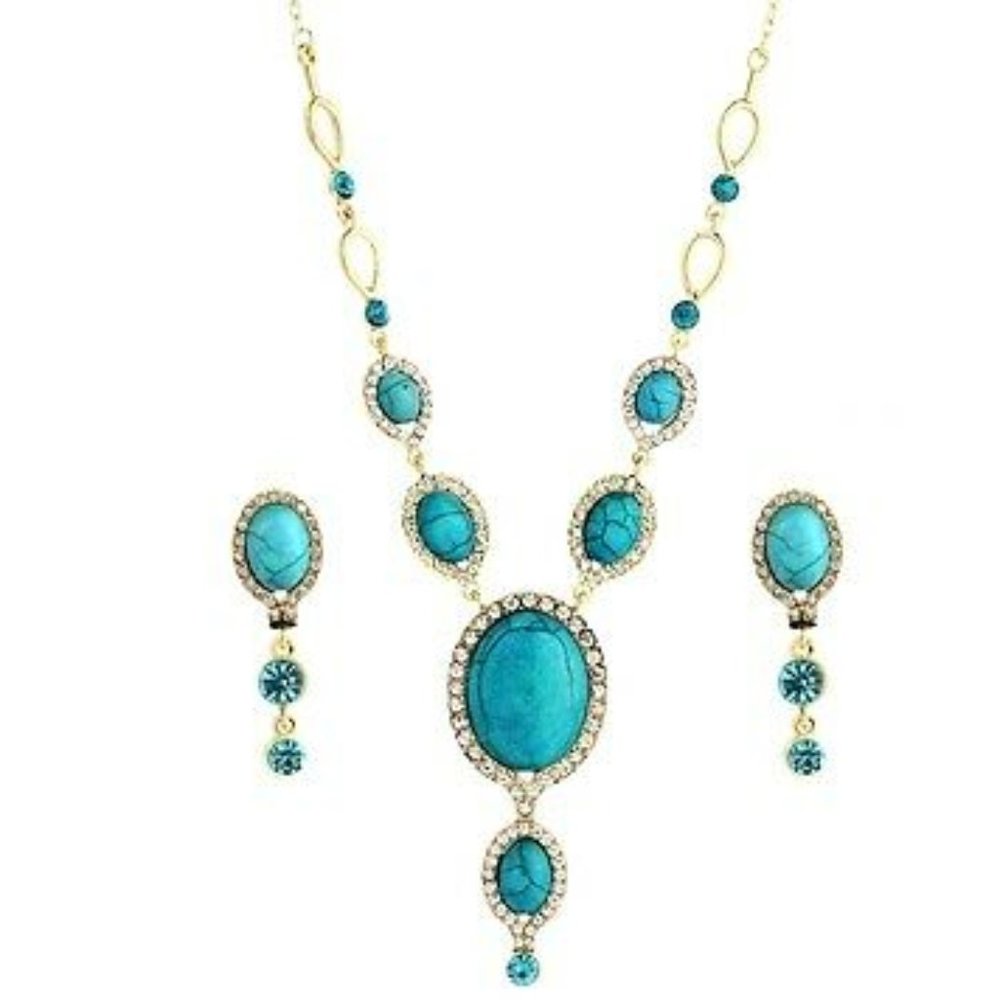 Beautiful Egyptian Blue Nile Turquoise Necklace & Earrings Set w/ box-like new!